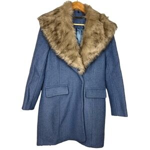 EUC IMAN Blue PLATINUM CITY Boucle Wool COAT Faux Fur REMOVABLE COLLAR Medium